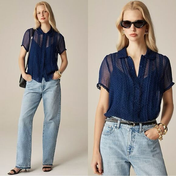 NWT J CREW Sheer lace-trim button-up shirt in dot crinkle chiffon - Picture 1 of 7